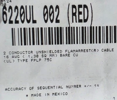 Belden 6220UL 16/2C Solid Plenum Flamarrest Fire Alarm Cable Wire FPLP Red/100ft - Image 1 of 4