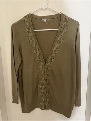 Women’s Halogen Cardigan Sweater Light Brown Cotton Lace Trim Size L - Image 1 of 4