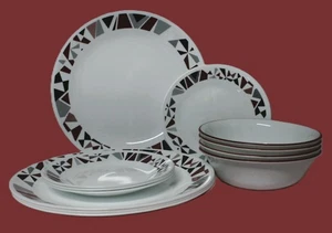 Corelle Mosaik rot & schwarz 4 Speise- & Brotteller & 4 Müslischalen Suppenschüsseln - Bild 1 von 1