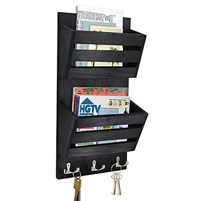  Rustic Mail Organizer Wall Mount with 4 Key Hooks,Mail Holder Wall Black - Image 1 of 4