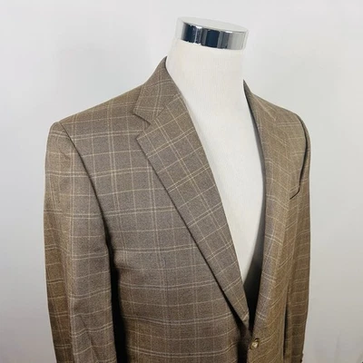 Hickey Freeman 40R Sport Coat Wool Silk Beige Plaid Two Button Double Vented - Image 1 of 4