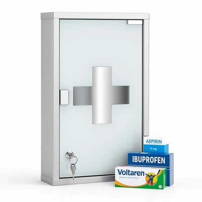 Armadietto Porta Medicinali Acciaio Inox e Vetro Satinato 50x30x18 cm con Chiave - Immagine 1 di 4