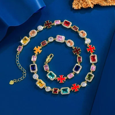 Collar de eslabones de cadena de tenis geométrico baguette multicolor chapado en oro circonita cúbica para mujer Foto 1 de 4