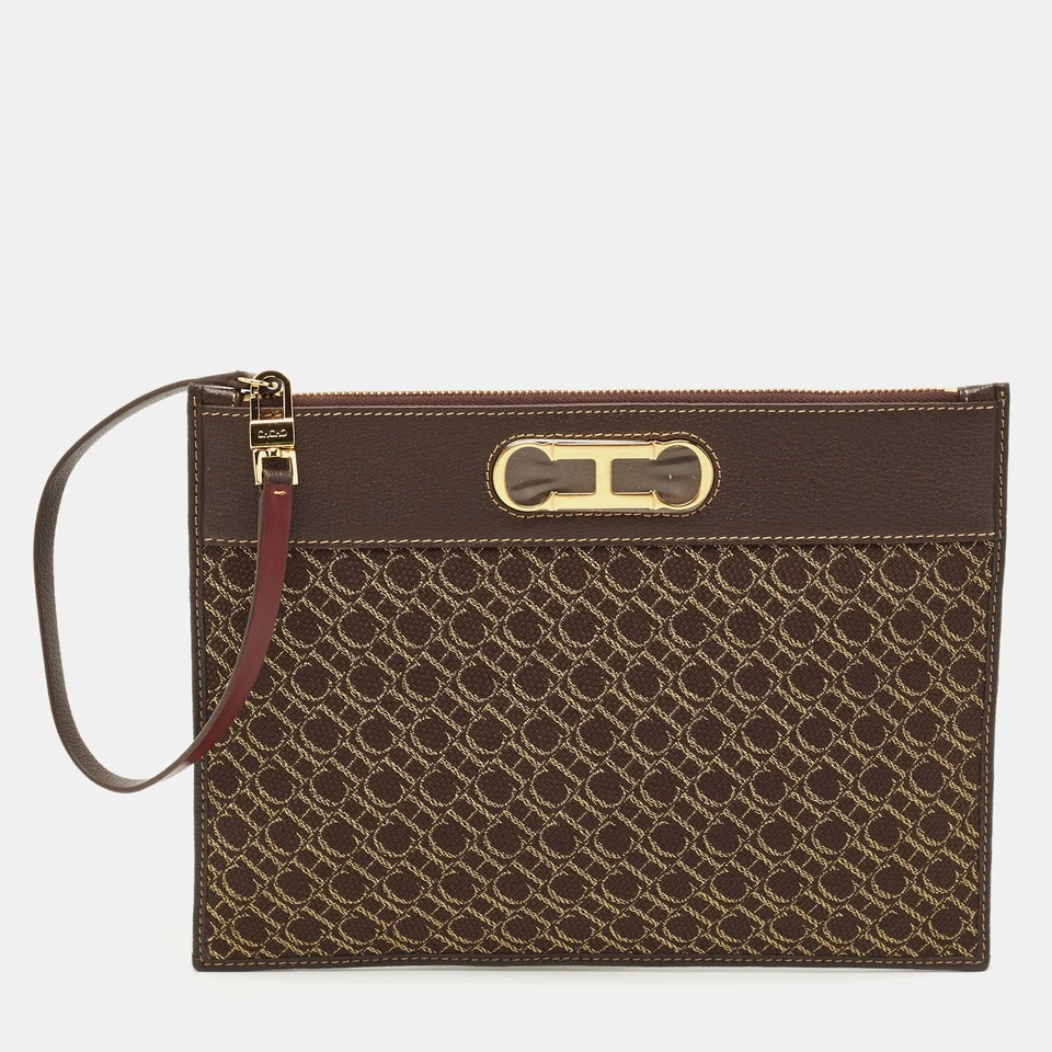CH Carolina Herrera Brown Monogram Canvas and Leather Zip Pouch - Image 1 of 4