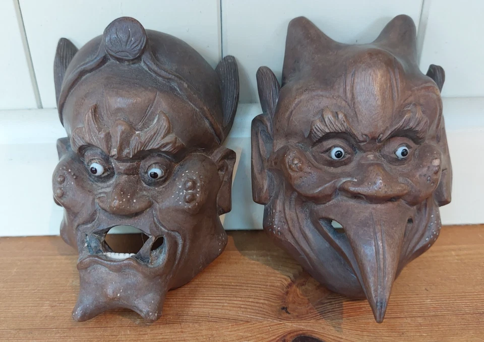 Pair of small Japanese Noh masks, miniature carved demons, gods, ogres - Image 1 of 4
