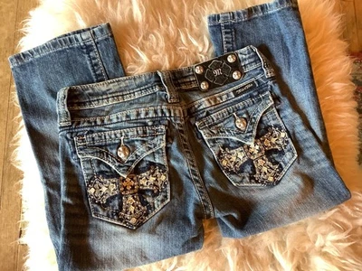 Miss Me 女孩牛仔裤 Capri 尺寸 12 水钻翼口袋中号水洗 — 第 1/4 张图片