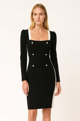 Elegante Vestido Negro Bodycon Perla Botón Cuello Cuadrado Manga Larga Negocios Pequeño Foto 1 de 4