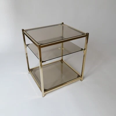 table basse bout de canapé dorée verre fumé 1970s - Photo 1/4