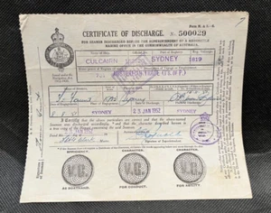 Australian Seamen Certificate of Discharge CULCAIRN Sydney Historical Ship 1951 - Imagen 1 de 2