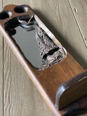 Vtg Carved Solid Wood Wall Mirror Shelf Rustic Eagle Pine Tree Moon Cabin Decor - Image 1 of 4