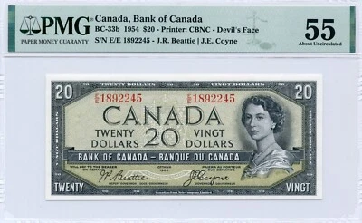 1954 $20 DEVIL'S FACE Bank of Canada Scarce E/E Prefix, About UNC, PMG AU55 - Image 1 of 2