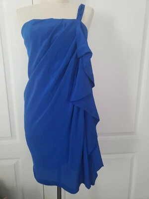 Vestido Robert Rodriguez 100% seda um ombro drapeado/rubado gravata tamanho 4 azul com faixa - Imagem 1 de 4