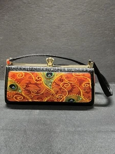 Debbie Brooks clutch, black with peacock design, rhinestone studded clasp - Picture 1 of 17