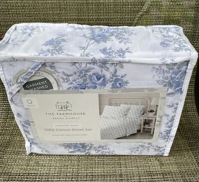 Shabby Chic The Farmhouse 100% Cotton Blue Gray Floral QUEEN Sheet Set 4pc - Image 1 of 4