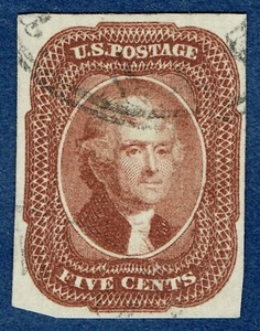 [st7082] USA 1856 #12 Used 5c Jefferson Red Brown cv:$775 (W.T.Crowe Expertise) - Picture 1 of 3
