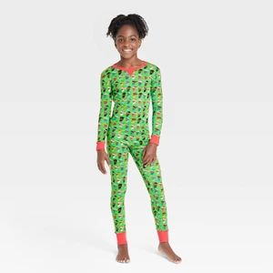 Kids Multi Santa Print Pajama Set Size 12 Wondershop Matching Family Green - Picture 1 of 3