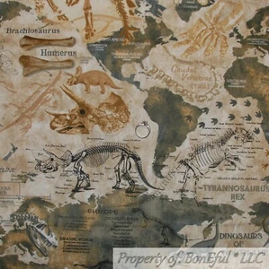 BonEful Fabric FQ Cotton Quilt Brown Green Dinosaur Map Camo Bone Toile Nautical - Picture 1 of 12