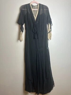 Vintage Antique Victorian Era Black Long Gown Lace Cuffs - Image 1 of 4