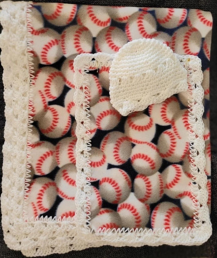 Manta Bebé Crochet Ribete - Estampado de béisbol con gorra y paño eructo Foto 1 de 1