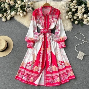 Spring Autumn Runway Red Flower Shirt Dress Women Long Lantern Sleeve m-xxl - Picture 1 of 6
