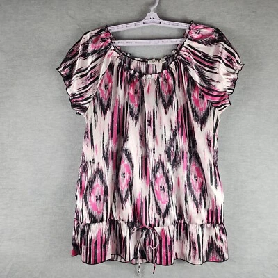 Cato Women Top 18/20W Pink Black Peplum Satin Fabric Southwest AOP Dropwaist - Image 1 of 4