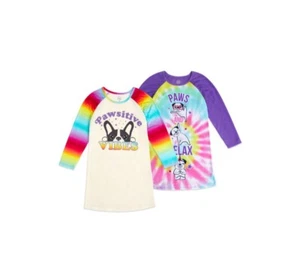 NWT 2-Pack Girls 14-16 Fleece Nightgowns Pajamas Sleepshirts RAINBOW Dog Tie-Dye - Picture 1 of 2