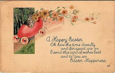 A HAPPY EASTER Rabbit in Egg Car with Flowers 1928 Postcard #18 - Image 1 of 2