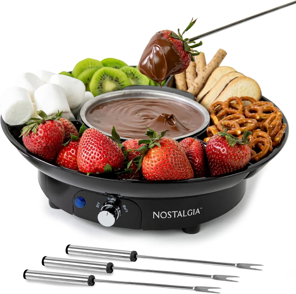 Nostalgia 10 Oz Electric Fondue Pot Set for Cheese & Chocolate - 4 Dipping Forks