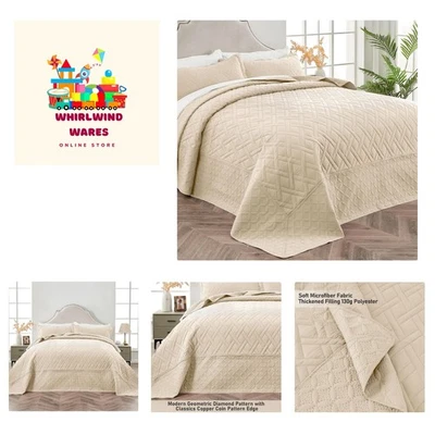 Colchas King de gran tamaño 128 x 120 beige, microfibra suave ultrasónica ligera... Foto 1 de 4