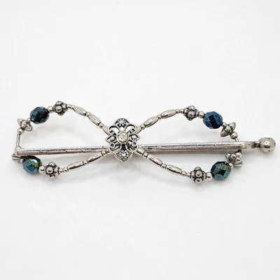 Винтажная заколка Lilla Rose Flexi-Clip серебристого цвета сине-зеленая с бисером размер L - Изображение 1 из 4