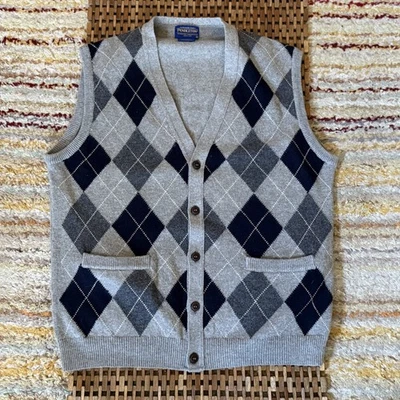 Pendleton 100% Lambswool Argyle Cardigan Sweater Vest Grey Men's Large L - Image 1 of 3
