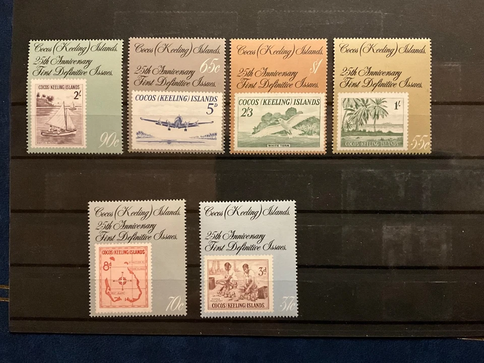CONJUNTO DE 6 SELOS PERFEITOS 1988 COCOS ISLAND 25º ANIVERSÁRIO PRIMEIRAS EDIÇÕES DEFINITIVAS - Imagem 1 de 1