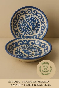 Pair Mexican Talavera Anfora Bowls c.1940s, Hand Painted Bird Motif Green Label - Picture 1 of 5