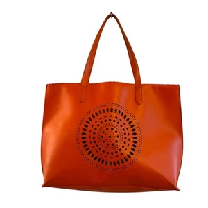 Neiman Marcus Orange Faux Leather Cut Out Sun Burst Tote Bag - Picture 1 of 7