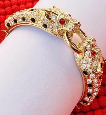 PULSERA VINTAGE ARTICULADA LEOPARDO PANTERA PAVÉ DIAMANTES DE IMITACIÓN OJOS ROJOS TONO DORADO Foto 1 de 4