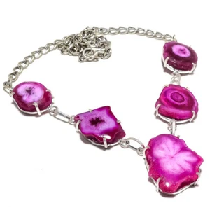 Pink Solar Quartz Druzy Gemstone Silver Plated Statement Necklace Jewelry 18" - Picture 1 of 1