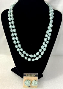 Richelieu Baby Blue Faux Pearl Necklace & Earring Set Vintage 1960s Original Tag - Picture 1 of 10