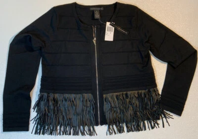 NUEVO GRACE ELEMENTS Cuero Negro Flecos Ligero Suéter Chaqueta Cremallera Cárdigan Foto 1 de 4