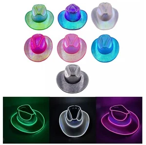 LED Cowboy Hat Disco Western Costume Party Hats Neon Random Colour & Random Brim - Picture 1 of 34