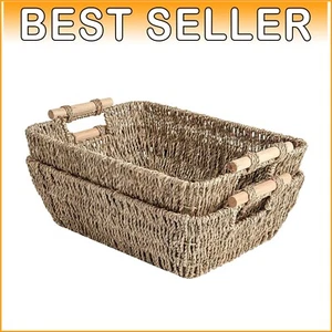Hand-Woven Seagrass Storage Baskets with Wooden Handles - 2-Pack, 15"L x 10"W - Picture 1 of 11