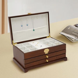 Caja de almacenamiento de joyas de madera grande organizadora de 3 capas 2 cajones armario marrón NUEVO - Imagen 1 de 14
