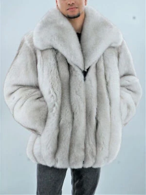 Men Real Blue Fox Fur Coat Natural Full Pelt Bomber Jacket Winter Thick Overcoat - Image 1 of 4