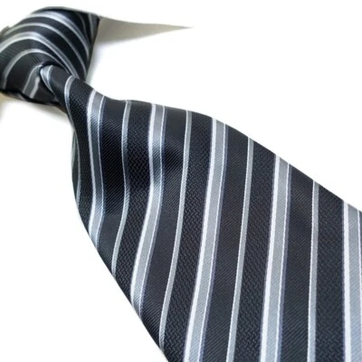 Corbata a rayas negra/plata tejida de microfibra de poliéster extra larga para hombre 63" Foto 1 de 4