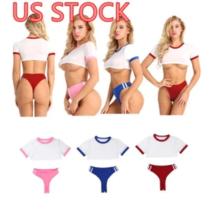 Women's Short Crop Top with Open Crotch Briefs Thong Bodysuit Lingerie Set - Picture 1 of 48