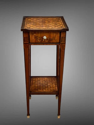 PETITE TABLE VOLANTE A DEUX PLATEAUX CARRÉ EN MARQUETERIE TOUTES FACES DE FLEURS - Photo 1/4