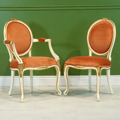 Juego de 8 sillas de caoba Luis XV tradicionales oro blanco rosa polvorienta Foto 1 de 4