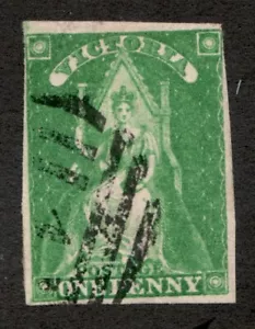 1856 Victoria, Australia Sc# 29, Imperf, Wmk 6, One Penny, QV, Green. Used Cv$43 - Picture 1 of 1