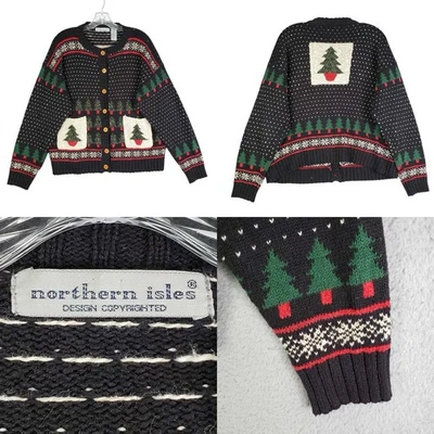 Northern Isles Vtg Cardigan Sweater Women Large Black Christmas Grandma Tree - Image 1 of 4