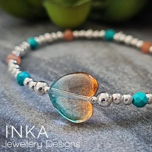 Sterling Silver Pink & Turquoise Heart Bead Bracelet 925 Sterling Silver By INKA - Picture 1 of 9