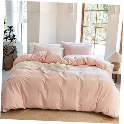 Juego de funda nórdica de lino - Juego de cama color lino mezcla algodón rosa pálido completo Foto 1 de 4